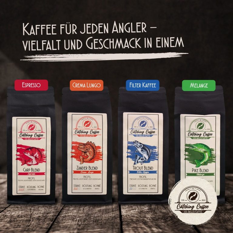 Kaffevielfalt Kaffeeverpackungen für Angler in verschiedenen Geschmacksrichtungen auf Holzuntergrund.