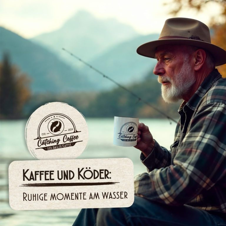 Kaffe und Köder Älterer Mann mit Hut, der am Wasser sitzt und Kaffee trinkt, im Hintergrund Berge.